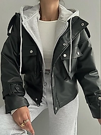 Kapşonlu Deri Kadın Mont