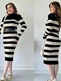 Triko Elbise Çizgili Kemerli
