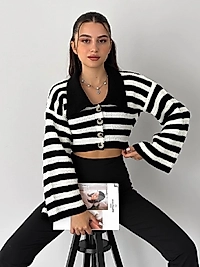 Triko Kazak Düğmeli Çizgili